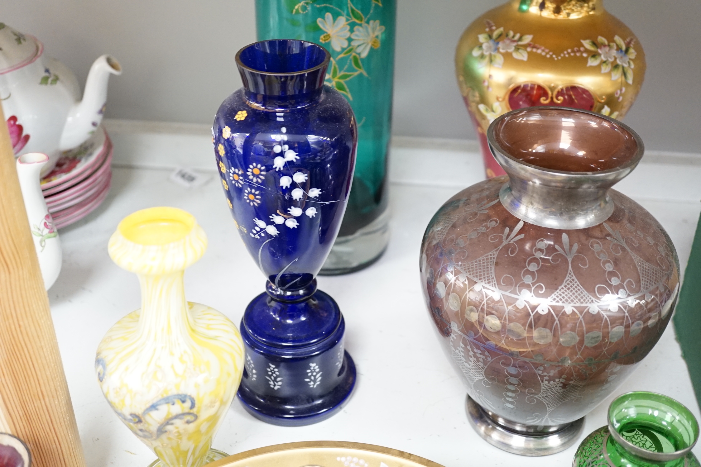 A quantity of enamelled and painted glassware and two carnival glass dishes